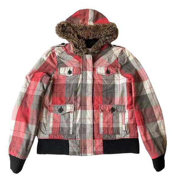 Roxy Women Jacket M Red Plaid Button Faux Fur Zipper Ribbed Hem Cuffs Full Zip - Picture 1 of 9